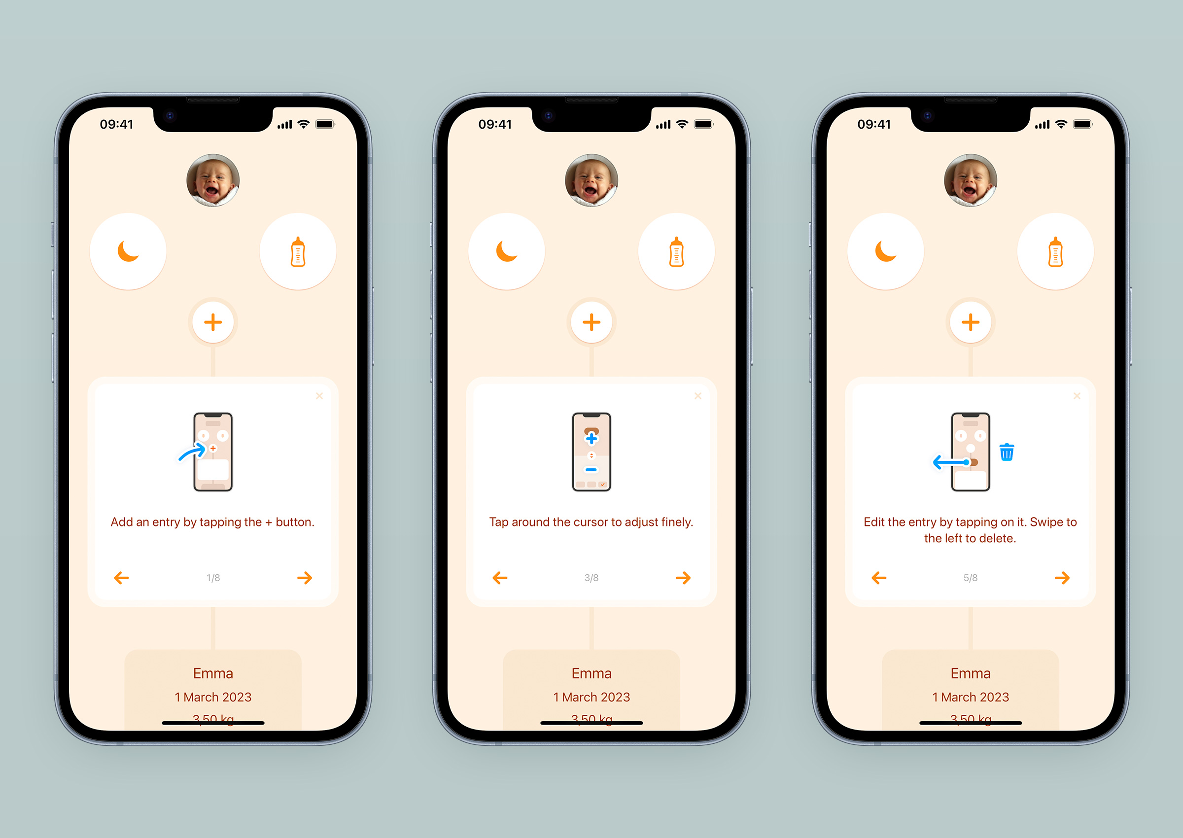 3 copies d'écran de Le Baby app dans un iPhone 13, montrant différentes étapes du guide de démarrage)
(Caption: Trois étapes du guide de démarrage qui s'affiche au premier lancement de l'app.