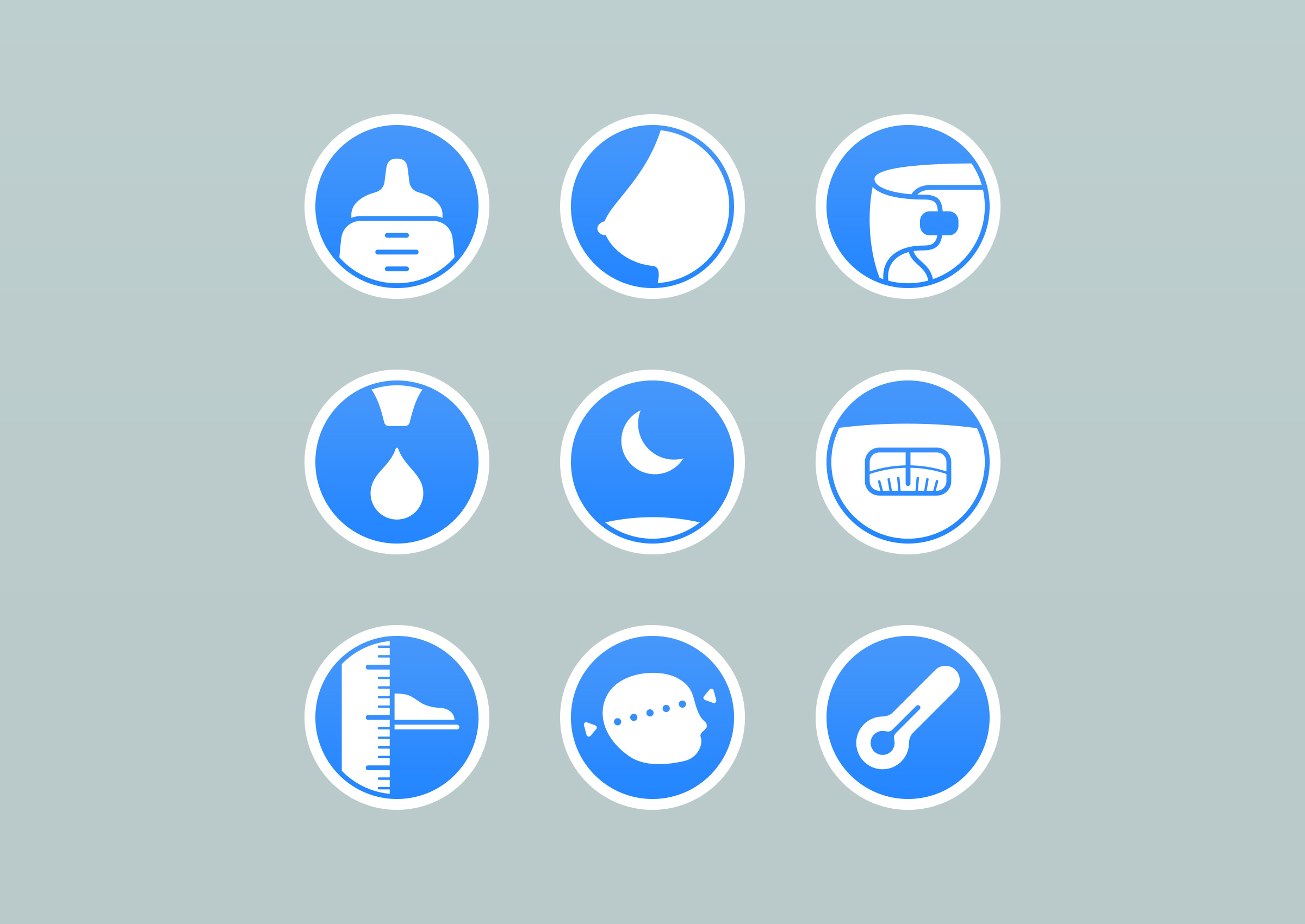 a 3 by 3 array of Le Baby app entry icons: bottle feeding, breastfeeding, diaper, vitamin, sleep, weight, height, head circumference and temperature)