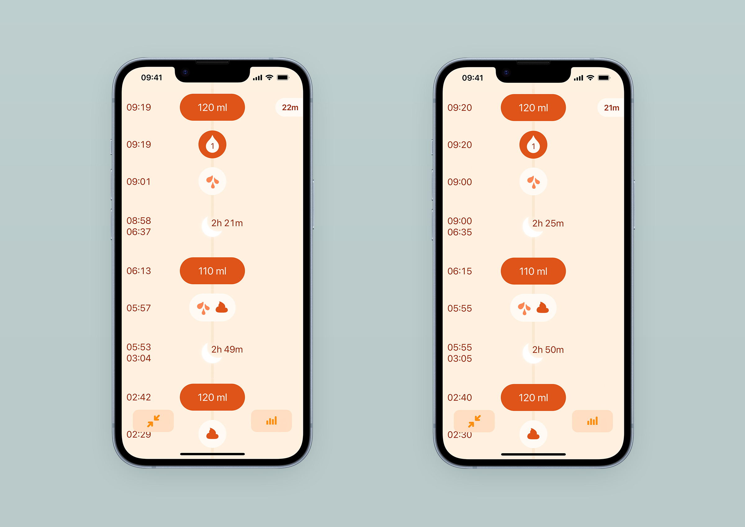 two screenshots of Le Baby app in an iPhone 13 bezel side by side, one with regular entry times on the left, and one with entries times set with 5 minutes intervals on the right)